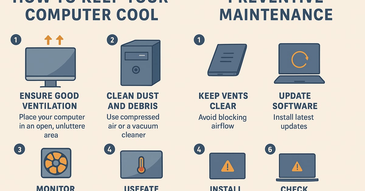infographic showing monitor cooling tips: airflow, cleaning, brightness, external fan
